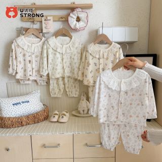 百亿补贴：优壮 女童花边家居服套装薄款纯棉夏季长袖内衣女宝宝空调服睡衣