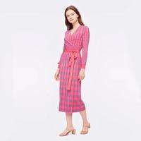 Diane Von Furstenberg 高级感秋冬方格裹身女士长袖针织女V领显瘦高端轻奢连衣裙 粉灰色编织方格图案粉灰色编织方格图案 S