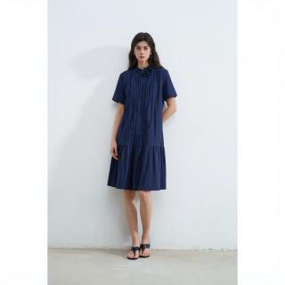 哥弟GIRDEAR 玫瑰系领 坑条肌理V领短袖连衣裙 明线设计 女装春夏
