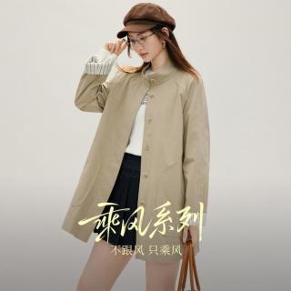 红袖 2026秋季女装乘风条纹拼接单排扣插肩长袖立领中长风衣
