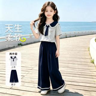 小猪班纳 女童纯棉短袖长裤套装百搭洋气中大儿童夏季休闲两件套