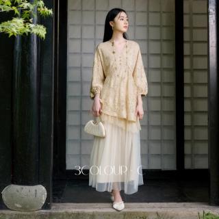 三彩 2026夏秋新款新中式蕾丝假两件连衣裙长裙高端C
