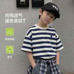 小猪班纳 条纹儿童短袖T恤夏季2026年新款中大童打底衫男童中大童纯棉