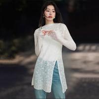 百家好 提花中长款开叉镂空网纱罩衫白色长袖T恤女2026夏季