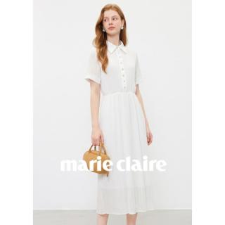 Marie Claire 简约翻领设计收腰连衣裙夏季新款休闲百搭中长裙