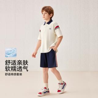 英氏 夏季云朵棉男童宽松休闲短袖短裤二件套亲子儿童套装