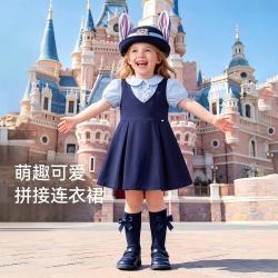 英氏 夏上新女童假两件学院风连衣裙娃娃领中大童儿童裙
