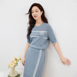 Koradior 圆领撞色短袖优雅通勤法式出游时尚针织衫T恤上衣女