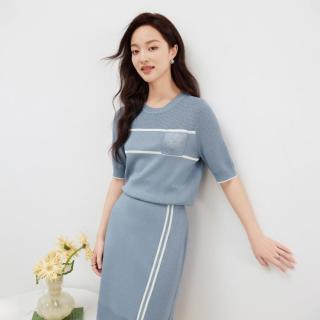 Koradior 圆领撞色短袖优雅通勤法式出游时尚针织衫T恤上衣女