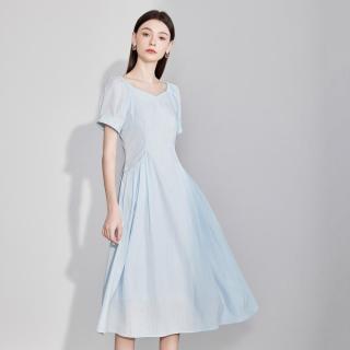 AMII 夏季浪漫法式方领气质中长裙女式时尚捏褶优雅休闲日常连衣裙