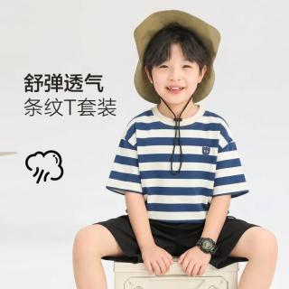 小猪班纳 男童夏装帅气套装新款潮酷条纹中大童短袖短裤运动舒适透气儿童