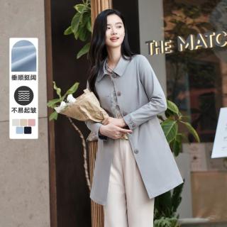 菲妮迪 春秋休闲翻领长袖纯色显瘦女式高级感中长款风衣外套