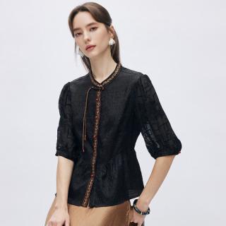 帕罗 新中式轻国风香云纱】26夏季圆领重工绣花盘扣时尚桑蚕丝衬衫女