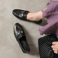 玖熙 头层牛皮女单鞋深口圆头粗跟2026年春秋款纯色经典乐福鞋