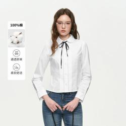E·LAND 衣恋 E.LAND 衣恋衬衫女时尚通勤翻领系带格纹长袖棉质上衣2026夏季新款