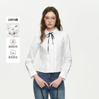 E·LAND 衣恋 E.LAND 衣恋衬衫女时尚通勤翻领系带格纹长袖棉质上衣2026夏季新款