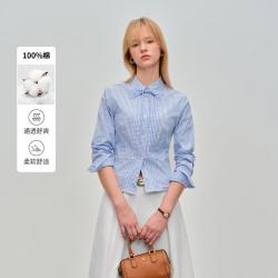 E·LAND 衣恋 E.LAND 衣恋衬衫女时尚通勤翻领系带格纹长袖棉质上衣2026夏季新款