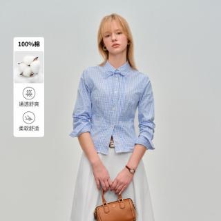 E·LAND 衣恋 E.LAND 衣恋衬衫女时尚通勤翻领系带格纹长袖棉质上衣2026夏季新款