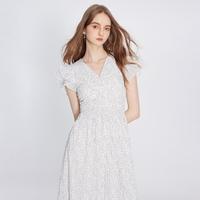 限尺码：ELEKTA 气质名媛风荷叶边飞飞袖V领波点短袖连衣裙长裙女夏