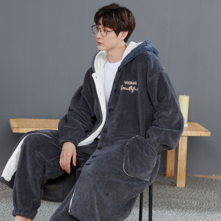 秋冬款睡衣男士珊瑚绒加厚牛奶绒纽扣可外穿睡袍加大码家居服套装