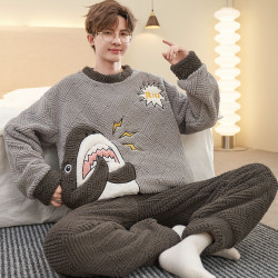 男士睡衣秋冬加厚加绒法兰绒大码加肥珊瑚绒可外穿长袖家居服套装