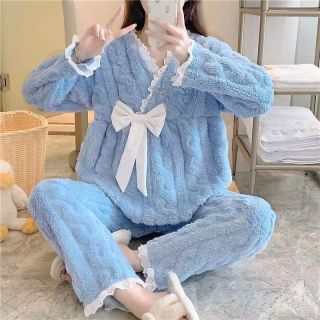 睡衣女秋冬季套头加绒加厚珊瑚绒保暖孕妇法兰绒月子服套装家居服
