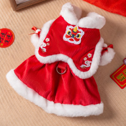 嬉皮狗 [达人]新年休闲带牵引扣狗狗衣服冬季小型犬宠物秋冬款牵引裙2364