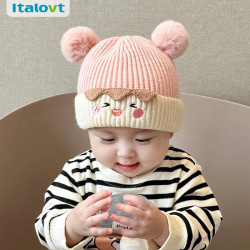 italovt 婴幼儿秋冬毛线帽子可爱保暖毛球护耳帽男女宝宝新年大红秋冬加厚