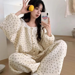 长袖长裤微胖女生大码女生胖mm200斤睡衣女套装甜美家居服