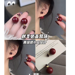 铜合金耳饰 秋冬复古酒红色球球耳钉时尚百搭一款两戴镶钻耳饰女