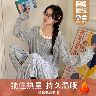 乔丽婭 秋冬长袖德绒睡衣女甜美花边蕾丝可爱保暖家居服