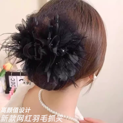 牡丹花网红韩式超洋气高颜值轻奢盘发羽毛抓夹鲨鱼夹珍珠发夹发卡