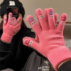 韩版针织手套女冬季可爱卡通学生露指可触屏冬天骑行保暖五指手套