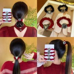 新年红色丝绒头绳女本命年头饰品气质高弹力大肠发圈闪钻爱心发绳