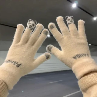 可爱可触屏加绒加厚毛线手套女冬季保暖骑行车五指冬天防寒棉手套