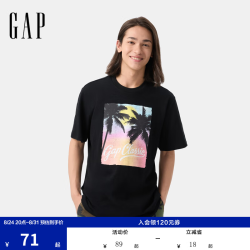 Gap 男女装夏季款竹节棉海岛印花圆领短袖T恤宽松上衣729117 黑色 S (165/88A) 亚洲