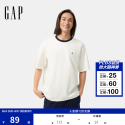 Gap 男女装春季款纯棉小熊刺绣撞色圆领短袖T恤上衣724970 白色 L (175/96A) 亚洲尺