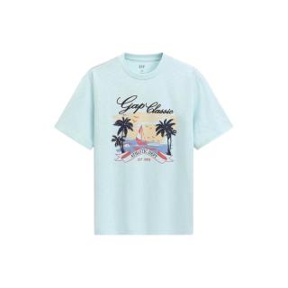 Gap 729117 竹节棉海岛印花圆领短袖T恤 水绿色 S