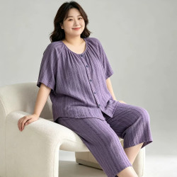 九红妃夏季双层棉纱睡衣女大码200斤纯棉薄款短袖中裤家居服胖mm可外穿 紫色 4XL 170-210斤