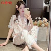 古今 七夕性感甜美冰丝睡衣女夏季三件套短袖睡裤长裤仿真丝家居服L