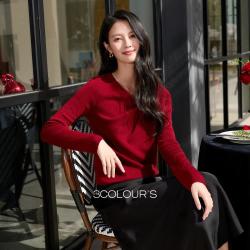 三彩 设计感不规则荡领针织衫年毛衫套头修身洋气女S
