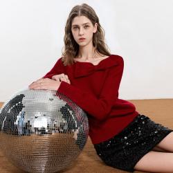 三彩 高级感蝴蝶结一字领套头针织衫女