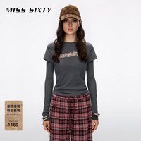 MISS SIXTY 2026秋季新款T恤女圆领假两件长袖复古航海风印花上衣 深灰 M