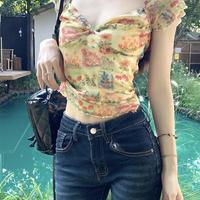 法式油画感小碎花V领网纱上衣女夏季多巴胺色系修身显瘦纯欲上衣