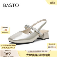 百思图 后空凉鞋简约通勤粗跟女凉鞋W6611BH5 金色