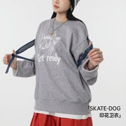 马登 美式复古灰色重磅套头宽松内搭印花卫衣长袖T恤上衣女士春秋