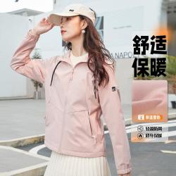 骆驼 运动外套女秋冬保暖宽松连帽印花梭织茄克拉链开衫女式风衣外套
