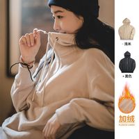 百亿补贴：马登 女装日系秋冬软糯摇粒加绒拉链套头衫正肩纯黑色长袖连帽卫衣