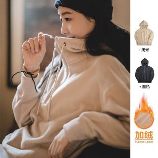 百亿补贴：马登 女装日系秋冬软糯摇粒加绒拉链套头衫正肩纯黑色长袖连帽卫衣