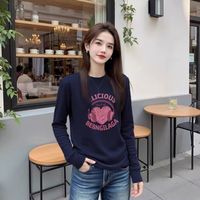 YOUNVFR 韩版纯棉打底衫秋季新款慵懒宽松字母印花圆领长袖大码女装T恤 藏青色 S